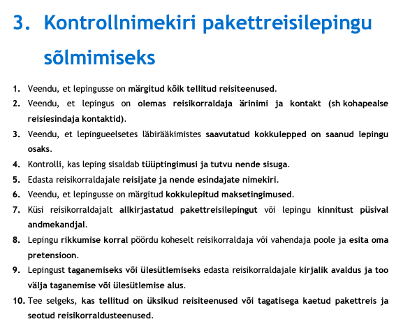 Kontrollnimekiri pakettreisilepingu sõlmimiseks